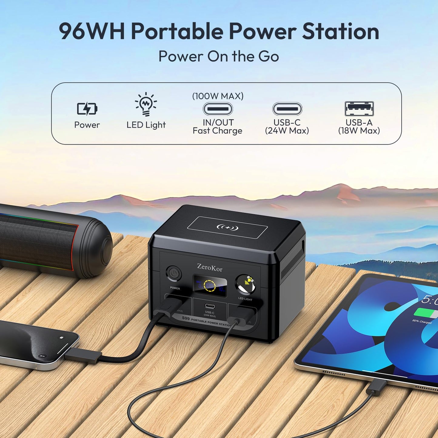 100W Portable Power Station, 96Wh Small Generator 30000mAh LiFePO4 Battery with USB C Fast Charging for Laptop, Outdoor Camping Portable Power bank for RV Home Office Emergency Power Supply