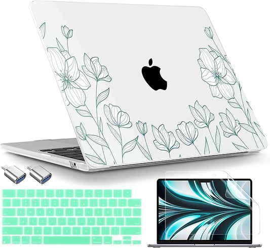TWOLSKOO Compatible with M4 MacBook Air 13.6 inch Case 2025-2022 Release M4 A3240 M3 A3113 M2 A2681, Plastic Hard Shell & Keyboard Cover & Type C Adapter & Screen Protector, Botanical Line Art