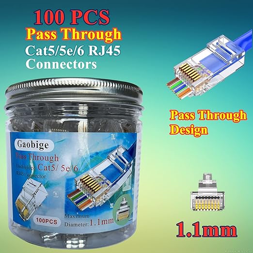 100-PACK Cat5 Cat5e Cat6 RJ45 Pass Through Connectors Ends, 1.1mm Unshielded Connectors for Solid Wire and Standard Cable