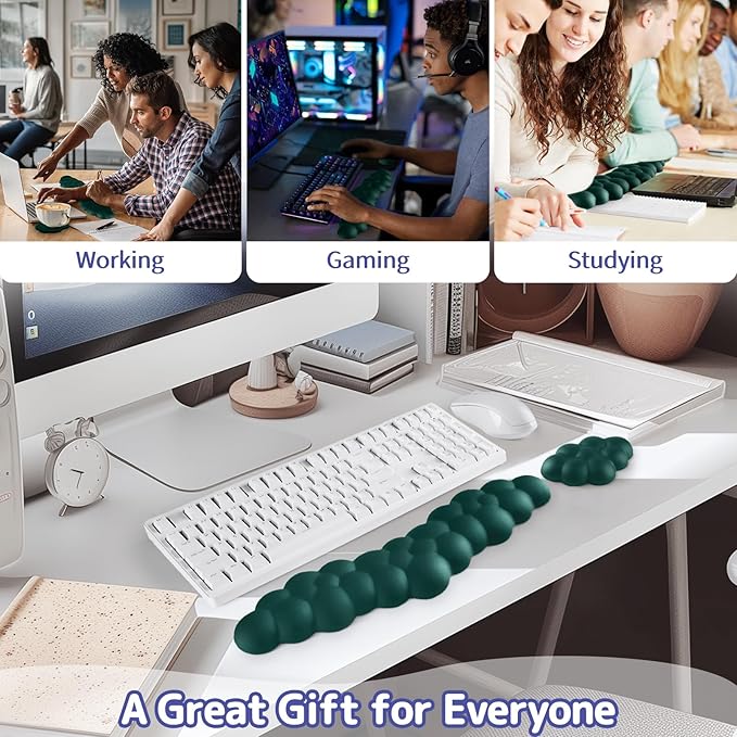 Cloud Wrist Rest for Keyboard and Mouse, Memory Foam PU Leather Keyboard Wrist Rest with Ergonomic Support, Non-Slip Base, Cute Arm Rest Pad & Palm Cushion, Office Desk Accessory, Dark Green