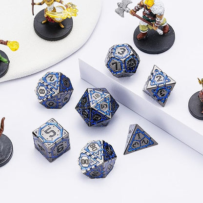 DND Metal Dice Set with Cracks, Polyhedral Dice for RPG D&D Dungeons and Dragons RPG TTRPG D and D 7-Die with Gift Case (Black Nickel Sapphire Blue)
