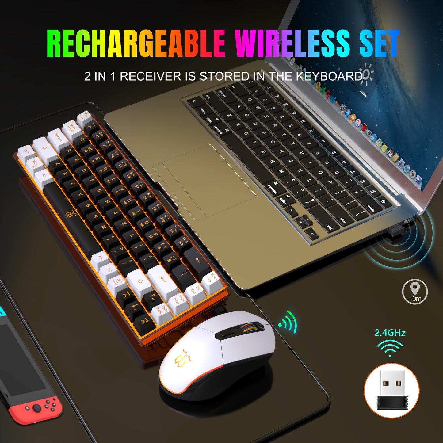 Snpurdiri 60% Wireless Gaming Keyboard and Mouse Combo (Black-White)