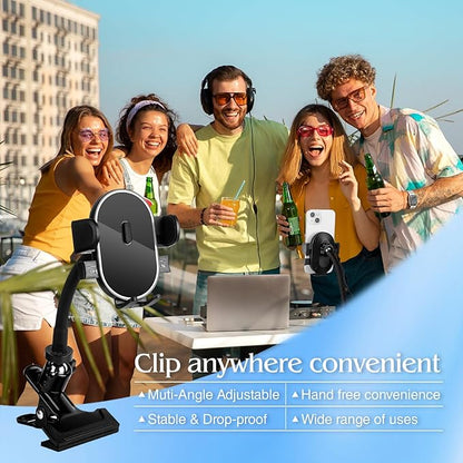 ROCKFREE Clip Phone Holder with 360° Gooseneck Arm & Auto-Locking Clamp,Short/Medium/Long Arm Options for Desk, Mic Stand, Table,Treadmill – Fits 4-7" Smartphones(Medium-5.9 inch Arm)