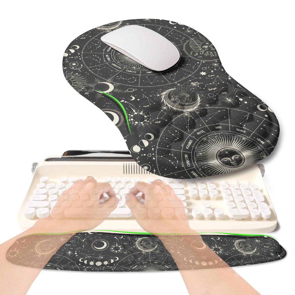 KUOSGM 2-in-1 Ergonomic Set, Wave Rise Keyboard Wrist Rest and Massage Bulge Slope Mouse Pad Wrist Support, Cushion Memory Foam Integrated to Relieve Wrist Pain, Cute Cat Paws