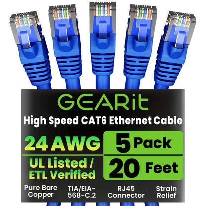 GEARit Cat6 Patch Cables Cat 6 Ethernet Cable 3 ft 5-Pack Black