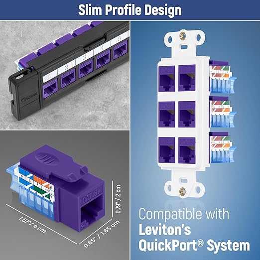 Everest 45° Angled RJ45 Cat5e Keystone Jacks 10-Pack in Purple - Slim Profile Female RJ45 Connectors - Cat 5e Keystone Jack - Compatible with 45° Angled Speed Termination Tool - 45Term (B0BL3GS7ZY)