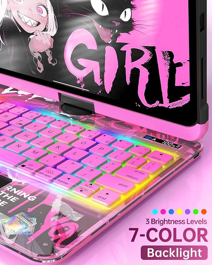 Intermerge for iPad 9th 10.2 inch Keyboard Case, 360° Transparent Multi-Touch Trackpad, 7-Color Backlit Keyboard, Pencil Holder, Type-C, Power Indicator for 9th/ 8th/ 7th - Blush Pulse