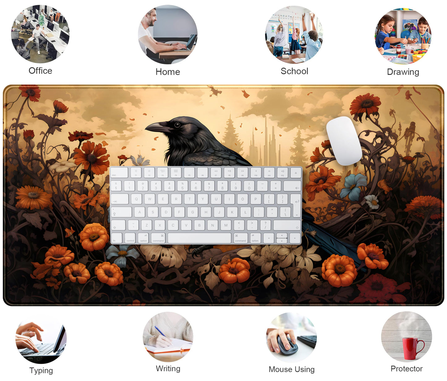 Anime Crow Kawaii Desk Mat Cute Retro Floral Mouse Pad Gaming Desk Pad XXL Large Desk Matt for Desktop Computer Mousepad, Laptop Keyboard Mouse Mat Office Decor Accessories for Women, 31.5x15.75 in