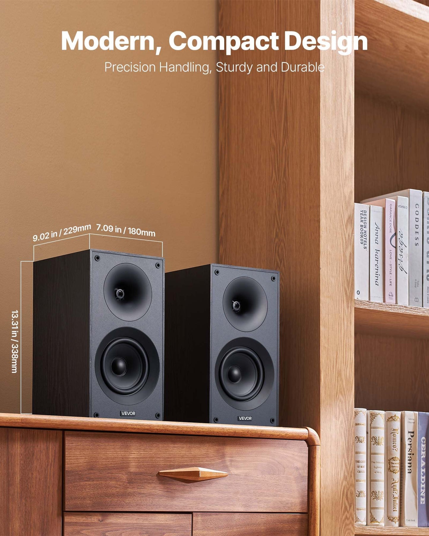VEVOR Passive Bookshelf Speaker, 300W, Book Shelf Stereo Speakers with 5.25-Inch Woofer and 1-Inch Tweeter, Detachable Grille, 65Hz-20KHz Frequency Response, Wooden Enclosure,for Home Theater (1 Pair)