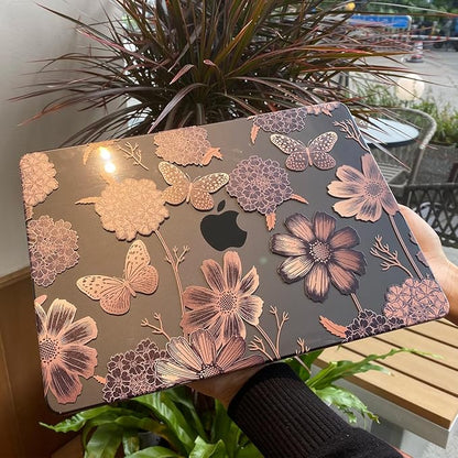Teryeefi for MacBook Air M2 M3 M4 13.6 Case 2022 2023 2024 2025 Release A2681 A3113 A3240, Clear Hard Shell with Keyboard Cover & USB 3.0 Adapter & Screen Protector, Gold Floral Butterfly