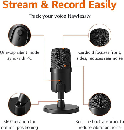 Amazon Basics USB Condenser Microphone for Streaming, Recording, and Podcasting on PC, Plug and Play, Cardioid Pickup, Adjustable Stand with 360° Rotation, 5.8 x 3.4 inches, Black