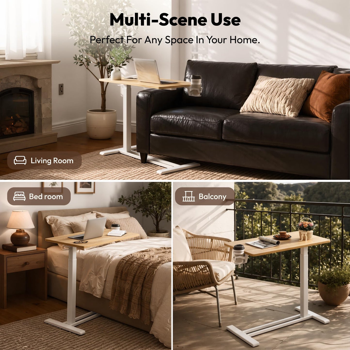 SANODESK 32''Pneumatic Adjustable Overbed Bedside Table with Hidden Casters