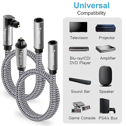 Optical Extension Fiber Digital Cable Adapter 0.6 Feet（2 Pack）, 90 Degree Right Angle & Straight Male to Female Coupler, Toslink Audio Cable, Nylon Braided for Home Theater, Soundbar, TV and More
