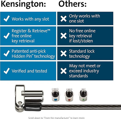 Kensington Universal 3-in-1 Keyed Laptop Locking Cable, Computer Security Keyed Lock, T-bar, Nano, Wedged-shaped (K62318WW)