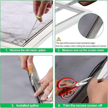4 in 1 Window Screen Repair Tool Kit,Including 32Ft Spline(Diameter 0.137IN),Steel Roller Tool with Bearing,Spline Removal Hook and High Quality Scissors,for Installing Door and Window Mesh Screens.