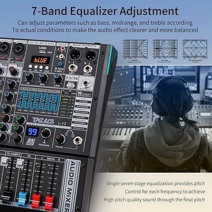 DJ Mixer, TKLBLS Professional 12 Channel Audio Mixer Board with 99-Bit DSP, Sound Board Mixing Console 7-Band EQ Output, USB Audio Interface, Bluetooth 48V Phantom Power For Karaoke Studio Streaming