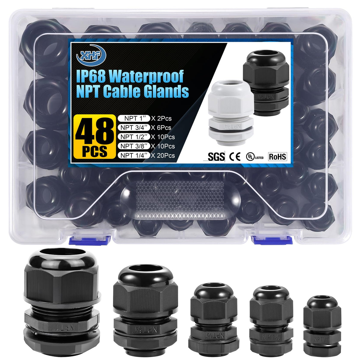 XHF 5 Pcs 3/4" IP68 Strain Relief Nylon Cord Grip NPT Cable Glands Adjustable UL Listed and RoHS Compliant (Black)