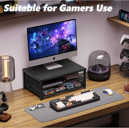 Desk Organizers and Accessories, 2-Tier Computer Monitor Stand Riser with Drawer, Laptop Stand, Office Desk Accessories, Workspace Desktop Organizer for Office Supplies, Black