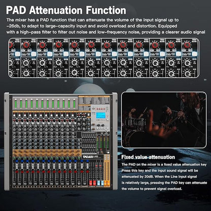 Professional Audio Mixer, 12 Channel Sound Board Mixing Console, Dual DSP Reverb Studio Mixer Board, Dual 7-Band EQ, 48V Phantom Power, 4 Group Stereo Output Input, PAD