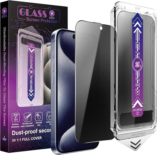 CHRYSHA 2-Pack Privacy Screen Protector for iPhone 15 Pro 6.1-Inch, Auto Dust Removal, No Bubbles,Anti-Spy Tempered Glass Film, Easy Installation