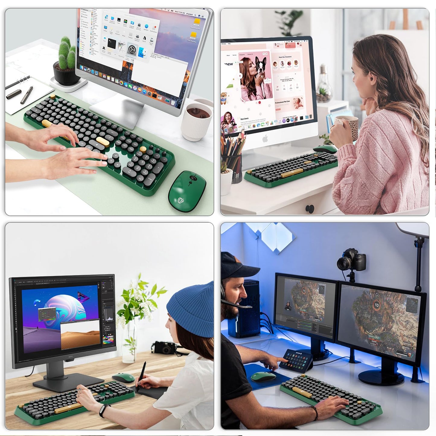 Green Wireless Keyboard and Mouse Combo,Typewriter Keyboard with Round Keys,2.4G Wireless Full Size Colorful Keyboard with Number Pad for Computer Laptop and Desktop