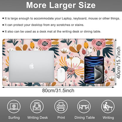 Mouse Pad, Large Colorful Flowers and Berries Desk Mat, Extended Non-Slip Gaming Keyboard Mousepad Desk Pad, Thick Stitched Edges Waterproof Mouse Mat 31.5"x15.7" (Beautiful Floral Plants)