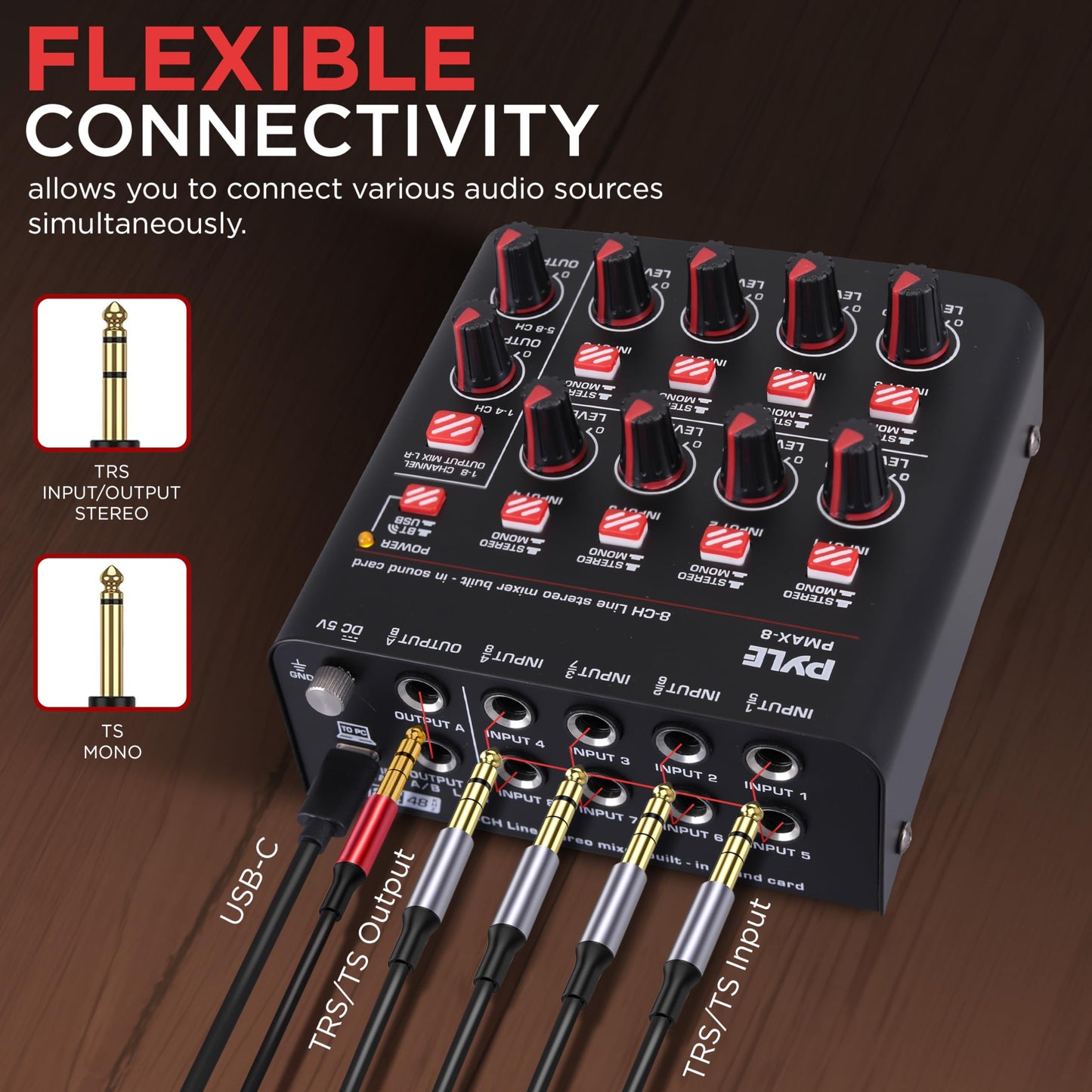 Pyle 8-Channel Bluetooth Mini Line Mixer with USB Audio Interface - 8 Mono/Stereo Switching Inputs | Ultra-low Noise Design with High Headroom | Built-in USB-C Sound Card - PMAX8