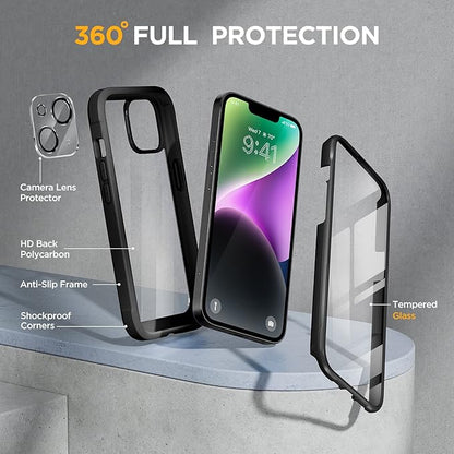Miracase Glass Series Designed for iPhone 14 Plus Case 6.7 inch, 2023 Upgrade Full-Body Clear Bumper Case with Built-in 9H Tempered Glass Screen Protector and Camera Lens Protector,Black