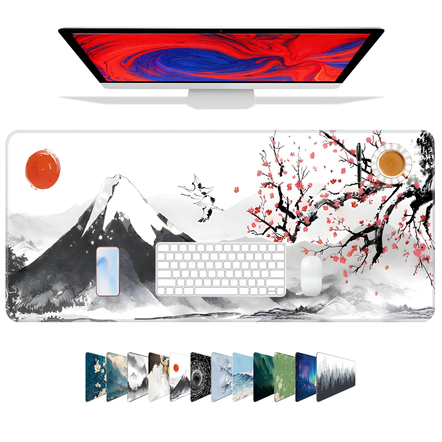 Galdas Mouse Pad for Gaming, Japanese Desk Mat,XXL XL Large Mouse Mat Long Extended Mousepad Non-Slip Rubber Mice Pads Stitched Edges Thin (31.5 x 11.8 x 0.12 Inches) Ink and Wash