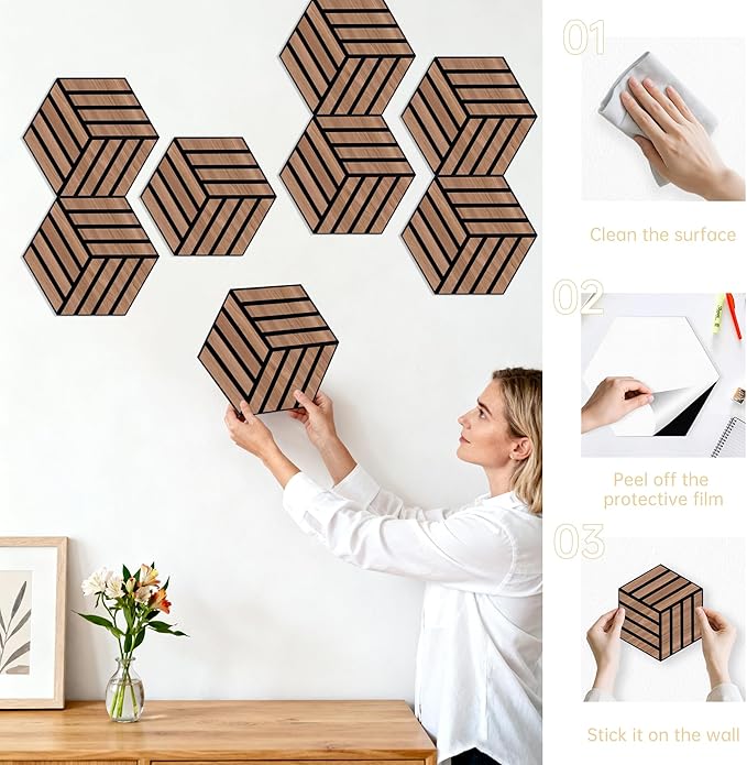 Mollywell Hexagon Acoustic Panels, Walnut TH4, 14x12x0.4 Inch, 12 Pack |Wood Veneer|High Density Sound Proofing Wall Panels|Self Adhesive Sound Dampening Felt Wall Tiles|Home Theater|Gaming Room|