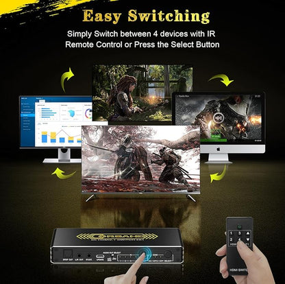 4K@120Hz HDMI 2.1 Switch 4 in 1 Out with Audio Extractor,48Gbps,HDCP 2.3,HDR 10+,ARC,VRR,ALLM,CEC,IR Remote,Optical SPDIF 5.1Ch,AUX L/R 3.5mm 2.1Ch,HDMI Switcher 4x1,4 Port HDMI Selector