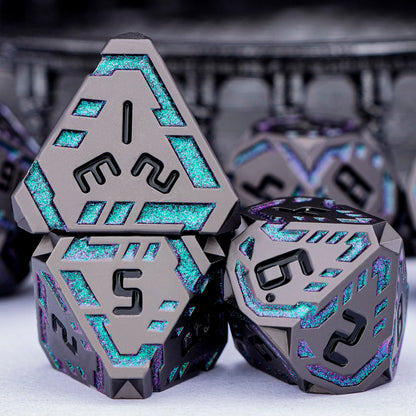 OGCOPHEN Metal DND Sci-fi Dice Set 7PCS Stripe Polyhedral Dice for Dungeons Dragons RPG Role Playing Game, Glitter D and D Dice with Gift Box D6 D8 D10 D12 D20 (Black&Green Purple)