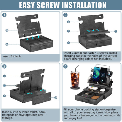 Black Wood Phone Docking Station for up to 3 Phones, Samsung Galaxy Watch Compatible Nightstand Organizer with Drawer for Valuables for Men & Women, Holds Phones, Tablets, Keys, Rings, Glasses, EDC