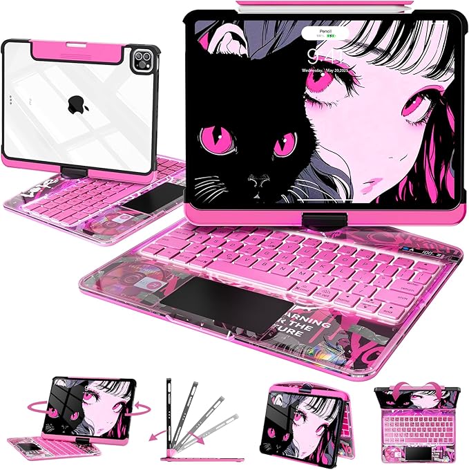 Intermerge Clear Keyboard Case for iPad Air 11" (M3/M2, 2025/2024), Air 5th/4th, Pro 11" 2022-2018, 360° Swivel Multi-Touch Trackpad, 7-Color Backlit, Pencil Holder, Type-C, Blush Pulse
