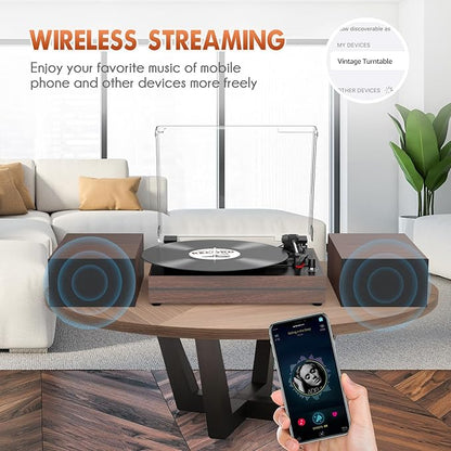 Vintage Record Player for Vinyl with Dual Separate Stereo Speakers Turntable BT Wireless Input Playback Belt Drive 3 Speed 3 Size Playback Record Player Support AUX Headphone Input RCA Out Auto Stop