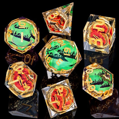 Magic Golden Ring DND Dice Set Sharp Edge Red Gaze Eye Resin Dice with Box, for use with RPG D&D Tabletop Games Lord D and D Polyhedral Dice Set