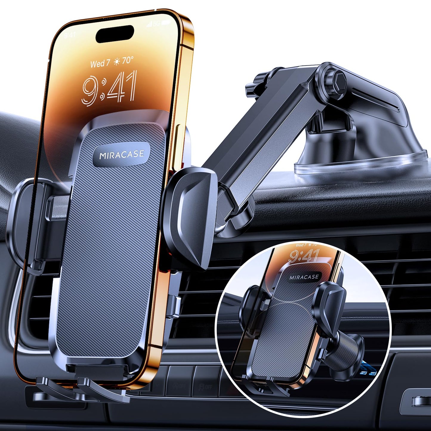Miracase Phone Holders for Your Car, [Thick Case & Heavy Phone Friendly] Universal Cell Phone Car Mount, 3-in-1 Phone Mount for Car Dashboard Windshield Air Vent Fit for All Smartphones