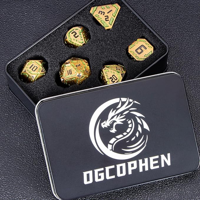 Metal DND Sci-fi Dice Set 7PCS Stripe Polyhedral Dice for Dungeons Dragons RPG Role Playing Game, Glitter D and D Dice with Gift Box D6 D8 D10 D12 D20 (Yellow Green)
