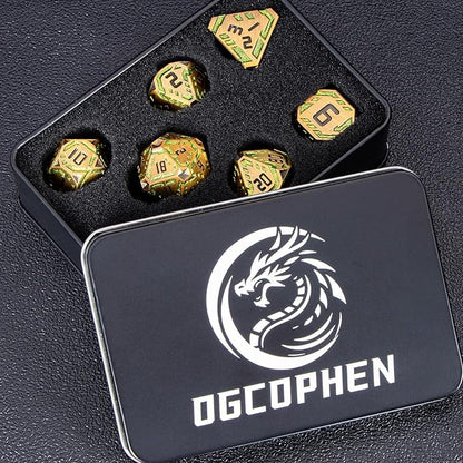Metal DND Sci-fi Dice Set 7PCS Stripe Polyhedral Dice for Dungeons Dragons RPG Role Playing Game, Glitter D and D Dice with Gift Box D6 D8 D10 D12 D20 (Yellow Green)