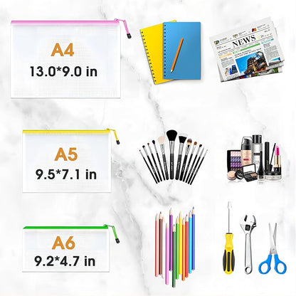 Umriox Mesh Zipper Pouch Bags, A4+A5+A6 (12 Colors, 36 Pack), Mesh Bags with Zipper, Storage Bags, Zipper Bags for Office Supplies Travel Storage