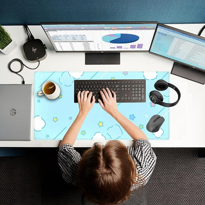 Kawaii Pastel Blue Star Grid Desk Pad, Large Gaming Mousepad & Keyboard Mat, XXL Office Desk Decor for Women, 31.5"x15.75"