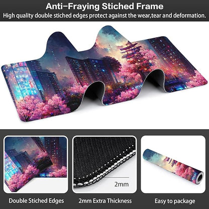 Japanese Fantasy Night City Desk Mat,Large Beautiful Night Scene Gaming Keyboard Mouse Pad,Non-Slip Rubber Base Desk Pad Thick Stitched Edges Waterproof Mousepad Mouse Mat 31.5"x11.8"