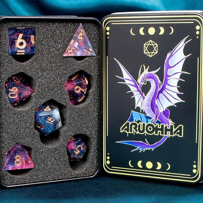 ARUOHHA Sharp Edges Dice Set DND Resin Lightning Dice with Box, Blue Purple Polyhedral Dragons Dice RPG Role Playing Games, Dungeons D and D Dice Set D20 D12 D10 D8 D6 D4