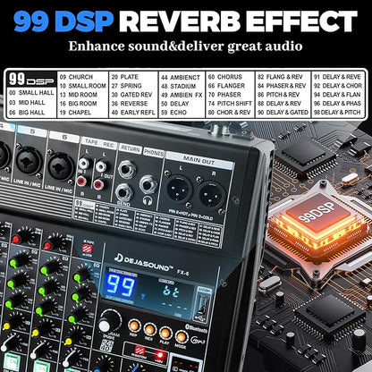 6-Channel Professional Audio Mixer, FX-6usb Mixing Console with XLR Inputs, Bluetooth, 99 DSP Effects, MP3, USB Interface for Podcast, Music, Recording, PC 13.39"x3.54"x12.60"inches