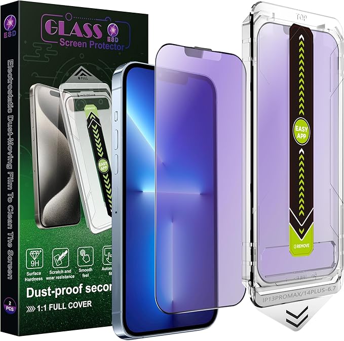 (2-Pack Anti Blue Light Matte Screen Protector for iPhone 13 Pro Max/14 Plus (6.7-Inch),9H Tempered Glass,Anti-Glare,Full Coverage,Anti-Fingerprint,Auto Dust Removal,Bubble-Free