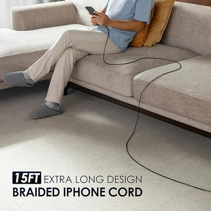 Extra Long iPhone Charger Cord 15FT 2Pack, Apple MFi Certified USB A to Lightning Cable Braided Fast Charging Cord Compatible with iPhone14/13/12/11 Pro Max/Pro/XS Max/XS/XR/X/8 Plus/8/7/iPad/iPod