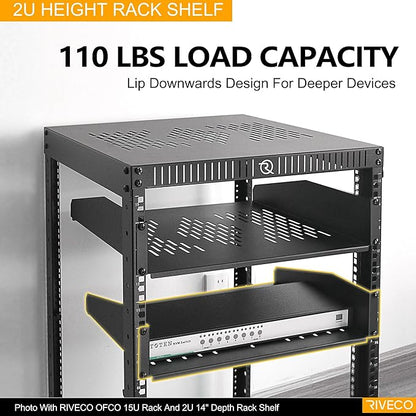 RIVECO 2 PCS 2U Rack Shelves 14 Inch Depth, Rack Mount Vented Cantilevers for Server 19" Server Racks & Network Cabinets Black