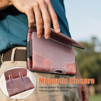 Leather Phone Holster for Men with Belt Clip, Cell Phone Holder for iPhone 17/16/15/14/13/12 Pro, Galaxy S24/S23/S21, Belt Pouch Case Magnetic Closure (Brown-L)