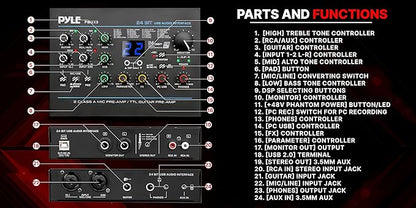 Pyle USB Audio Interface - MIC/LINE - Guitar - AUX Stereo & RCA Inputs - Preset 24 Digital Effects - Phantom Power - Phone/Stereo/Monitor/Headphone Outputs - For Computer Playing & Recording - PMUX9