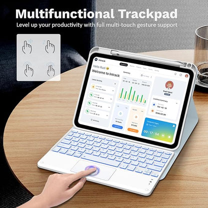 MoKo Touch Keyboard Case for iPad (A16) 11th Generation 11 inch 2025, iPad 10th Generation 10.9 inch Case with Pencil Holder, 7 Colors Backlit Multi-TrackPad Detachable Bluetooth Keyboard, Sky Blue